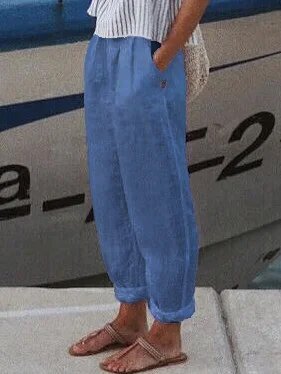 Vacation Casual Loosen Cotton Linen Solid Pants