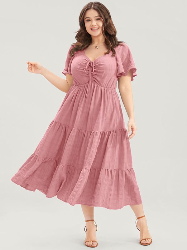 Plain Ruched Drawstring Pocket Ruffle Tiered Dress