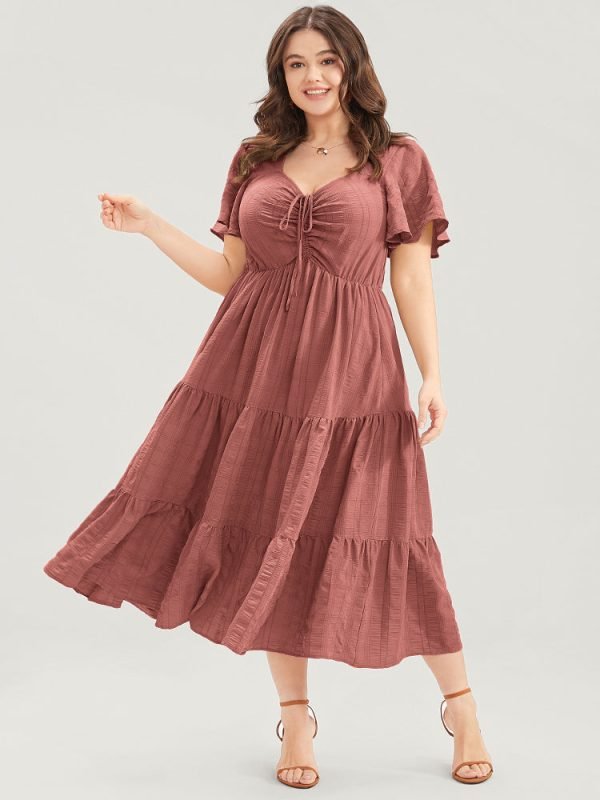 Plain Ruched Drawstring Pocket Ruffle Tiered Dress
