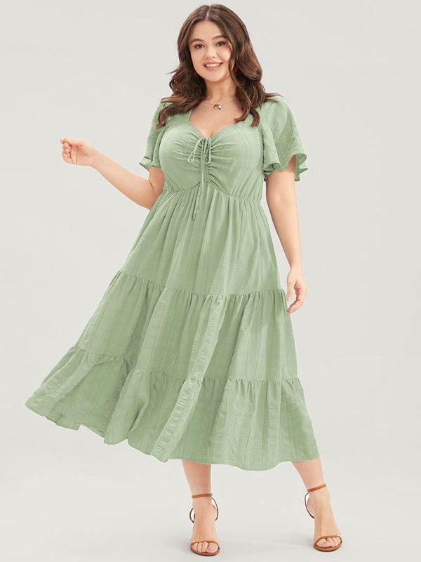Plain Ruched Drawstring Pocket Ruffle Tiered Dress