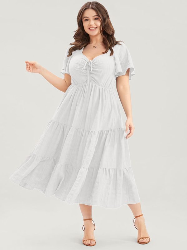 Plain Ruched Drawstring Pocket Ruffle Tiered Dress
