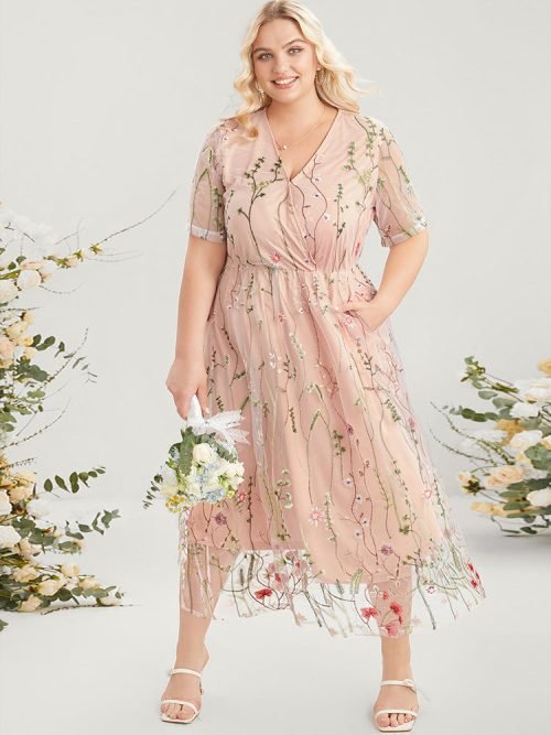 Floral Embroidered Pocket Mesh Elastic Waist Surplice Neck  Dress