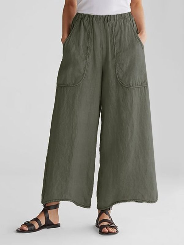 Casual Plain Pockets Linen Pants