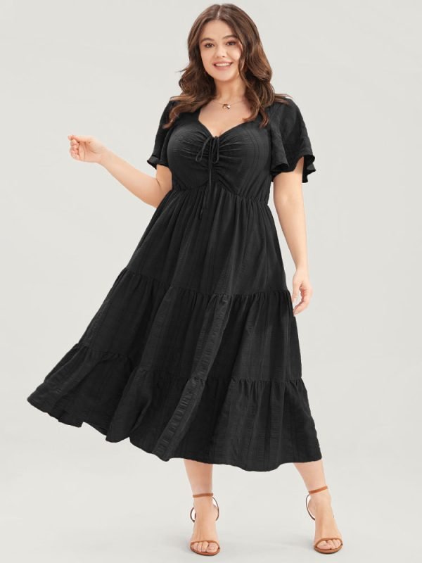 Plain Ruched Drawstring Pocket Ruffle Tiered Dress