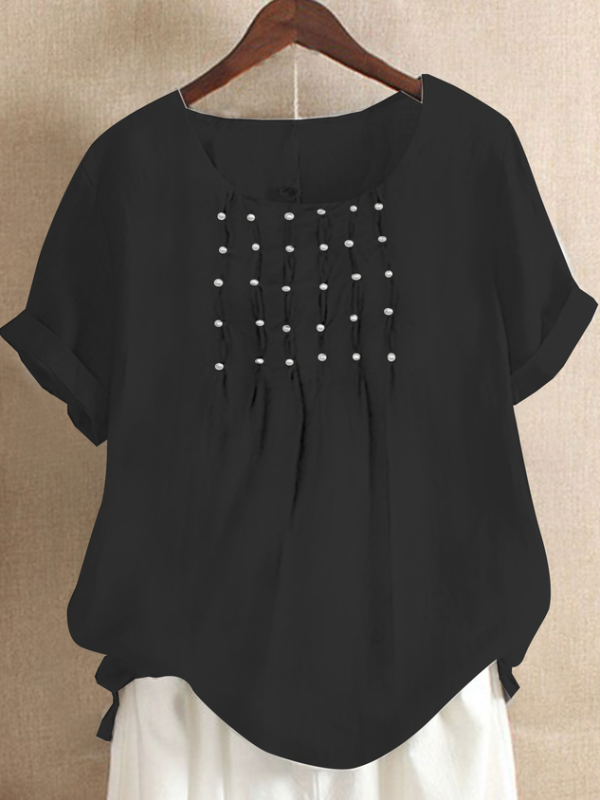 Women Causal Ruched Crew Neck Cotton And Linen Short Sleeve Summer Plain T-shirt
