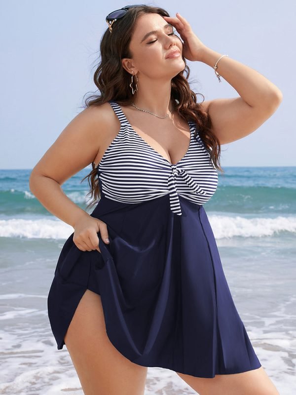 Striped Patchwork Knot Front Ruffles Swim Dress