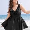 Ruffle Trim Adjustable Straps Gathered Sculpt Waist Swim Dress