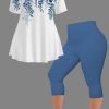 Women's Plus Size Casual Purple Ombre Plant Floral Print Two Piece Pant Set