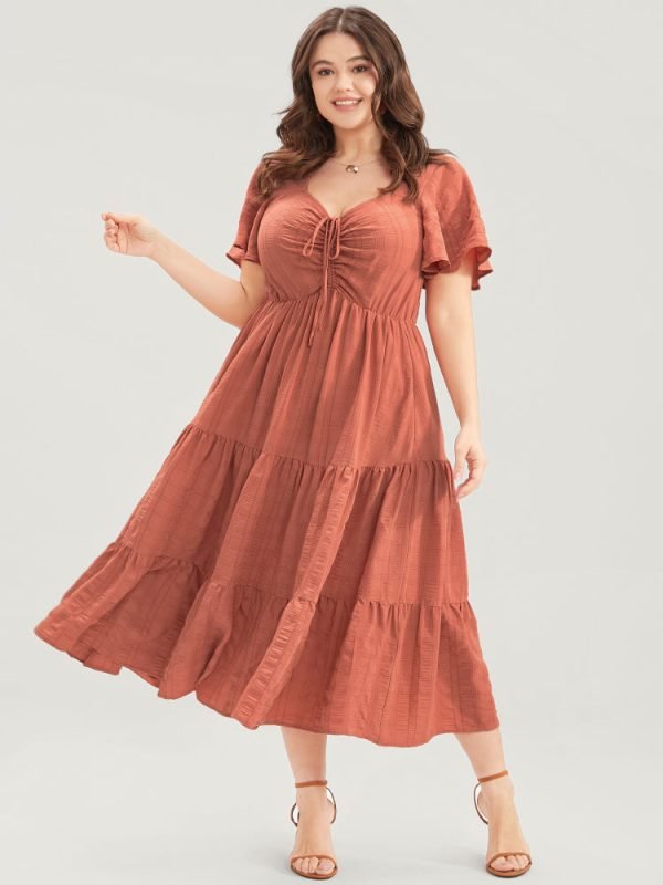 Plain Ruched Drawstring Pocket Ruffle Tiered Dress