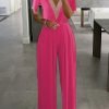 Plain Hollow Out Lace V Neck Short Sleeve Casual Jumpsuit