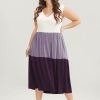 Colorblock Contrast Sleeveless Pocket Ruffle Hem Tank Dress