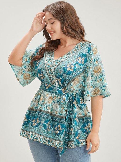 Floral Print Ruffles Belted Wrap Blouse