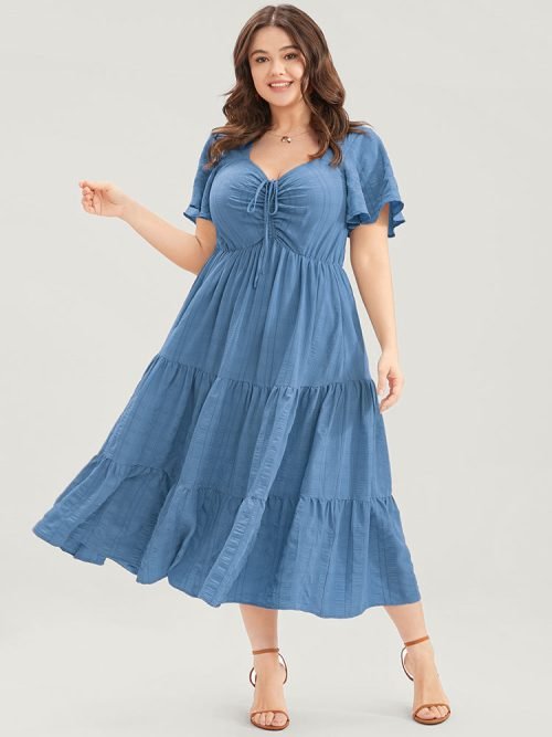 Plain Ruched Drawstring Pocket Ruffle Tiered Dress