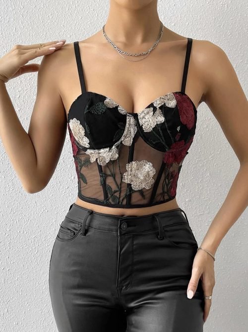 Black-01_0aea7460-017c-4b7a-8068-846d5e3370cd.jpg Vintage Embroidery Flower Crop Cami Top Women Mesh Herringbone Bustier Corset / 2-2-1-1