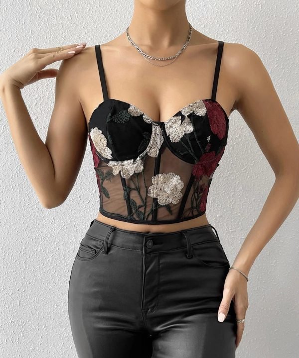 Black-01_0aea7460-017c-4b7a-8068-846d5e3370cd.jpg Vintage Embroidery Flower Crop Cami Top Women Mesh Herringbone Bustier Corset / 2-2-1-1