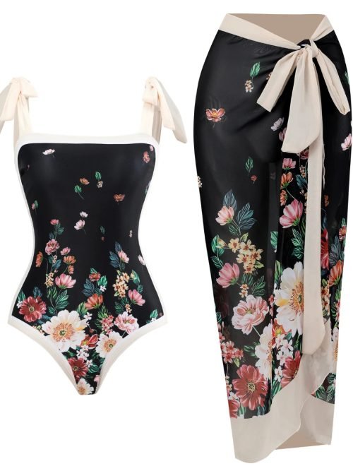 Black-01_23f943c8-8c1c-4799-95bd-6f850ef328b0.jpg Women Flower Printed Two Pieces Suit Beachwear One Piece Swimwear/1-1-1-1