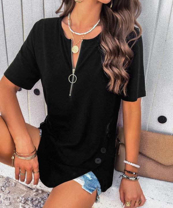Black-01_57d5d2df-79c4-47eb-a26f-eb4b6e17b786.jpg Women Solid Color Short Sleeve Button Up Zipper T-Shirt Blouse Top/1-1-1-1