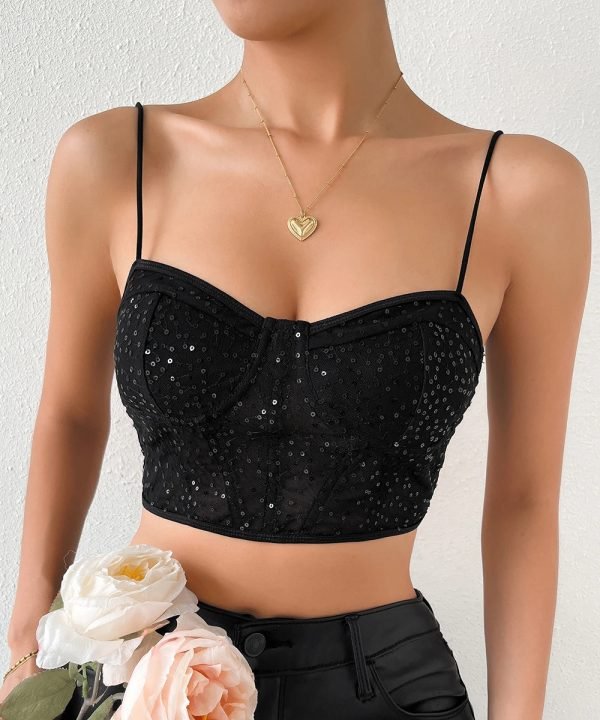 Black-01_d6a99b99-6177-4f99-ac9d-23ad49680875.jpg Women Mesh Mesh Sequined Sexy Crop Corset Top Spaghetti Strap Cami Bustier/2-2-1-1