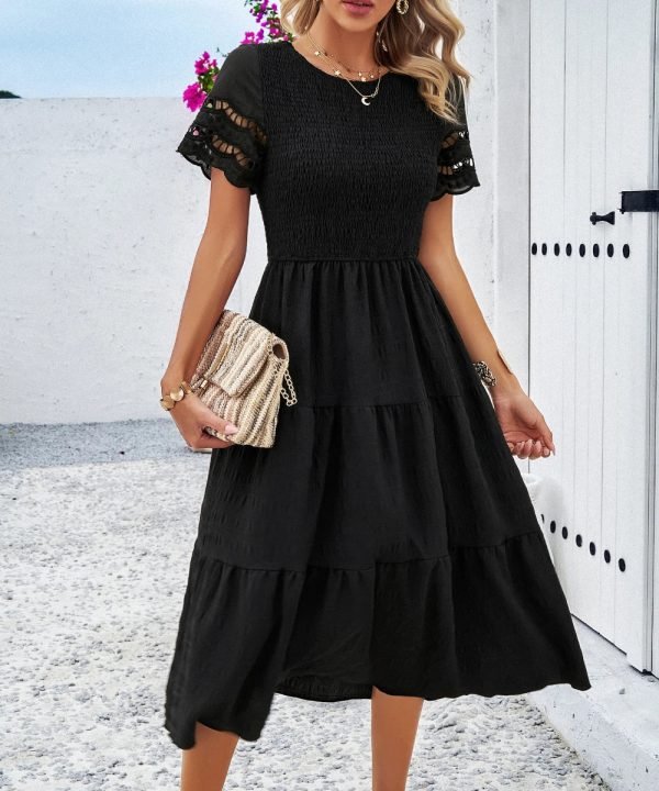 Women Summer Shirred Hollow Out Short Sleeve A-Line Elegant Dresses/1-1-1-1