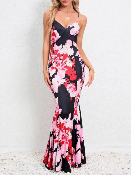 Black-Pink-01.jpg Women Sleeveless Flower Printed Slim Fit Fishtail Backless Maxi Dresses/1-1-1-1-1
