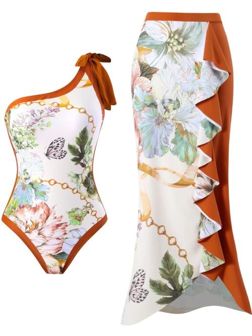 Brown-04_b35b01a6-132c-474f-893a-b2763a317e9c.jpg Women Elegant Ditsy Beachwear Flower Printed Two-Pieces Set Swimwear/ 1-1-1-1