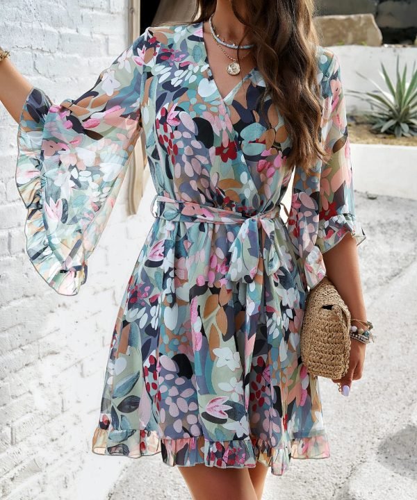 Green-01_3ef7bd88-c679-4965-b206-c0ad99f94e04.jpg Women Elegant Printed Bell Sleeve Chiffon Wrap Dress with Belt/ 1-1-1-1