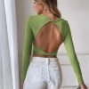Women Sexy Backless Crop Top Solid Color Long Sleeve T Shirt