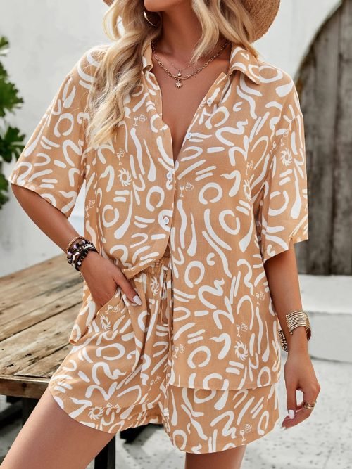 Khaki-01.jpg Women Casual Short Sleeve T-Shirt & Shorts Printed Vacation Two-Piece Outfits/1-1-1-1