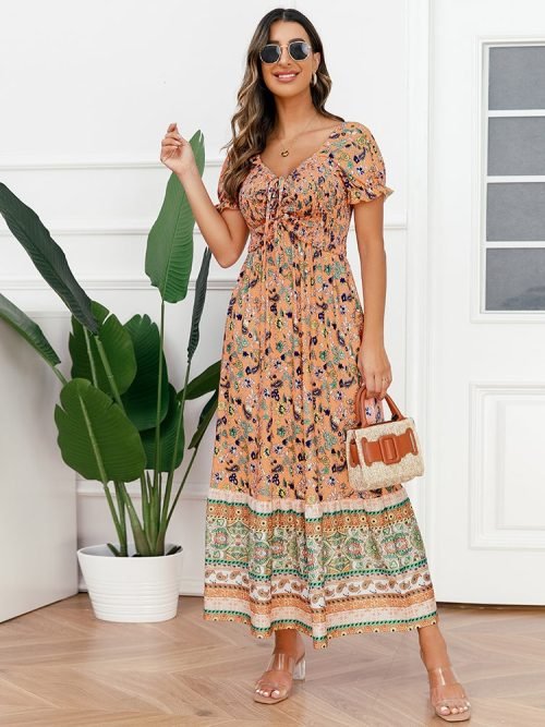 OrangeBohoDress-01.jpg Women Western Style Boho Dresses Printed Short Sleeve Summer Dresses/1-1-1-1-1