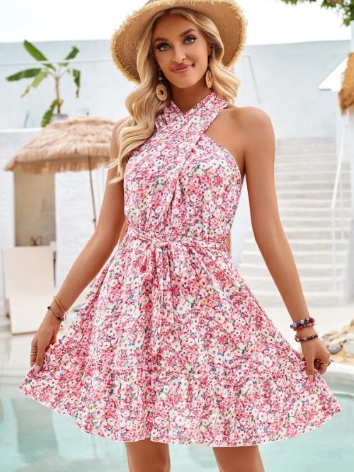 Pink-01.jpg Summer Printed Halter Mini Dress with Belt for Women/1-1-1-1