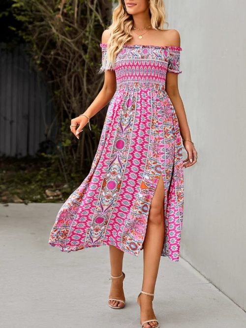 Pink-01_1d1a7f41-4486-4702-b241-5742d660bf05.jpg Women Summer Printed Off the Shoulder Short Sleeve Vintage Side Split Dresses/1-1-1-1