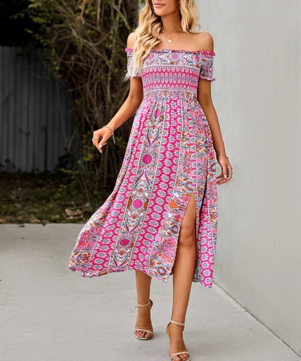 Women Summer Printed Off the Shoulder Short Sleeve Vintage Side Split Dresses/1-1-1-1