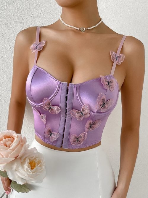 Purple-01.jpg Women Lace Panel Hook-and -Eye Butterfly e Crop Top Adjustable Strap Bustier Cami Top/2-2-1-1