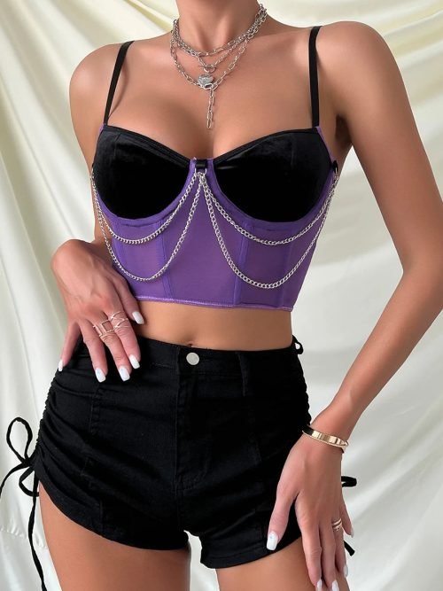 Purple-02_3689655c-10df-413d-92d9-e29e1b969c54.jpg Women Color Block Chain Tassel Crop Top Bustier Y2K Vintage Boning Corset Cami Top/2-1-1