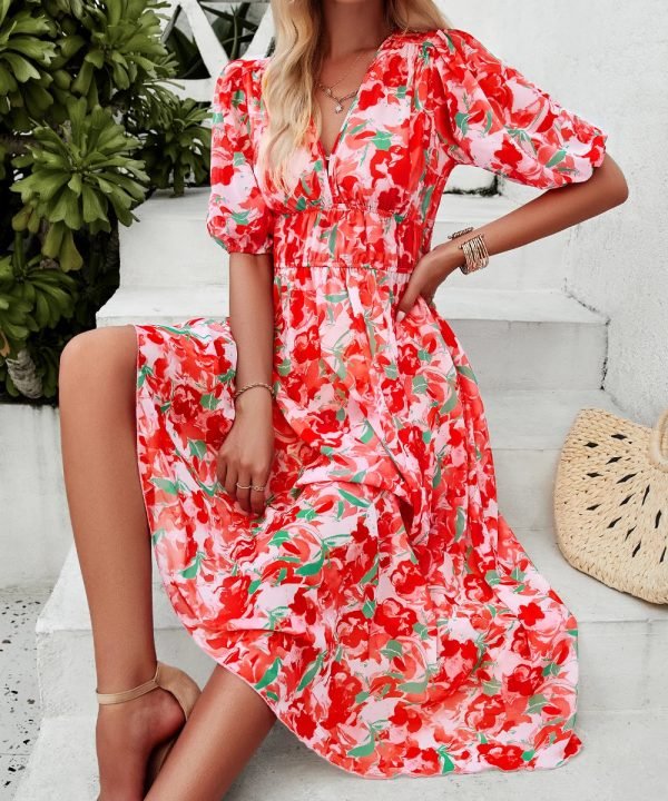 Red-01_96fcb1c4-5b1c-4d9e-981a-527db782a580.jpg Women Summer Printed Short Sleeve V Neck Dress/1-1-1-1