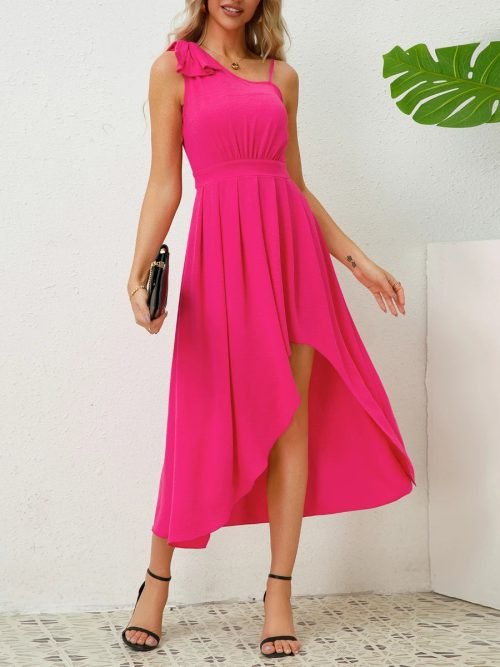 Women Summer Bow Tie Sleeveless Irregular Hem Solid Color Dresses/1-1-1-1-1