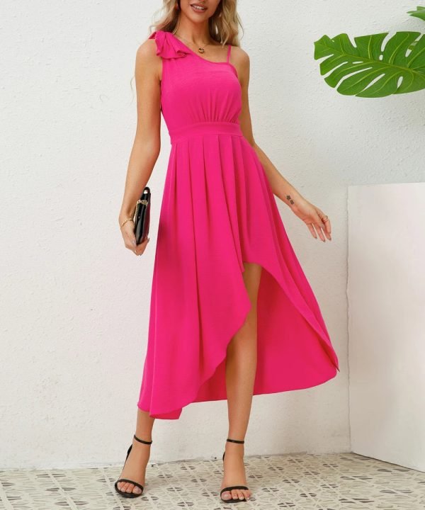 RoseRed-01_af434a5a-a1cb-4857-920f-fe27e008f0bf.jpg Women Summer Bow Tie Sleeveless Irregular Hem Solid Color Dresses/1-1-1-1-1