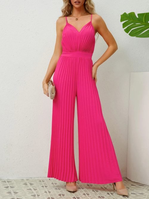 RoseRed-01_fe37a4b4-abdd-459f-89d9-e5c6c9256562.jpg Women Solid Color Wide Leg V Neck Sleeveless Pleated Spaghetti Strap Jumpsuit/1-1-1-1-1