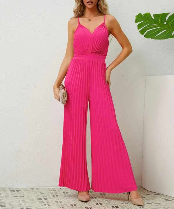 RoseRed-01_fe37a4b4-abdd-459f-89d9-e5c6c9256562.jpg Women Solid Color Wide Leg V Neck Sleeveless Pleated Spaghetti Strap Jumpsuit/1-1-1-1-1