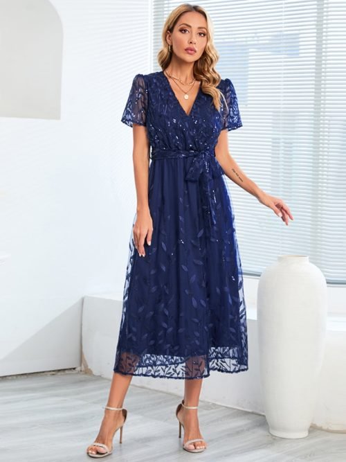 SummerBlueEmbroideredBrightDress-Front2.jpg Women Summer Embroidered Bright V Neck Short Sleeve Midi Party Dresses With Belt/1-1-1-1-1