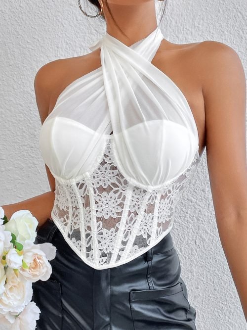 White-01_1098d10b-ca06-461f-b991-df9ad29e88f1.jpg Criss Cross Tie Backless Crop herringbone Lace Mesh Halter Top for Women/ 2-2-1-1