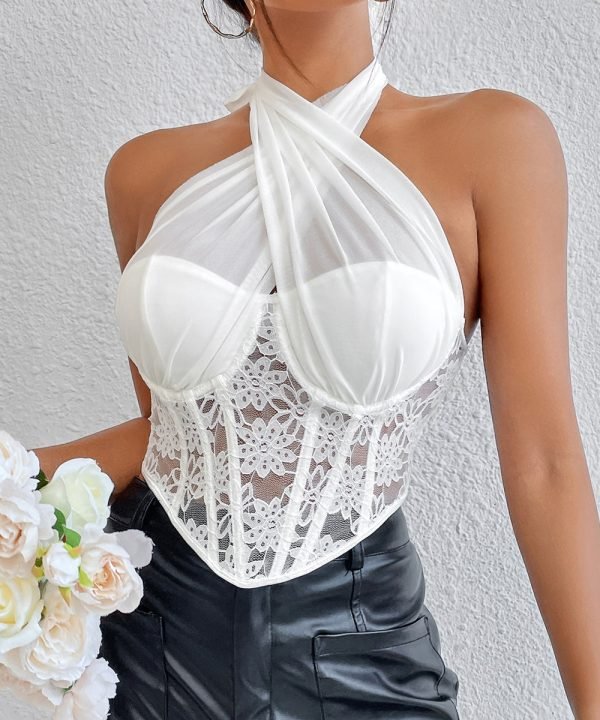 White-01_1098d10b-ca06-461f-b991-df9ad29e88f1.jpg Criss Cross Tie Backless Crop herringbone Lace Mesh Halter Top for Women/ 2-2-1-1
