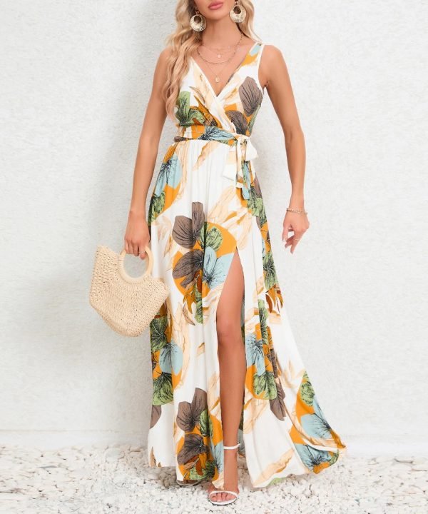 White-01_c17c1981-2a21-4c54-ad1b-4b0d9427c5b4.jpg Women Elegant Summer Printed Sleeveless Slit Wrap Maxi Dress with Belt/1-1-1-1-1