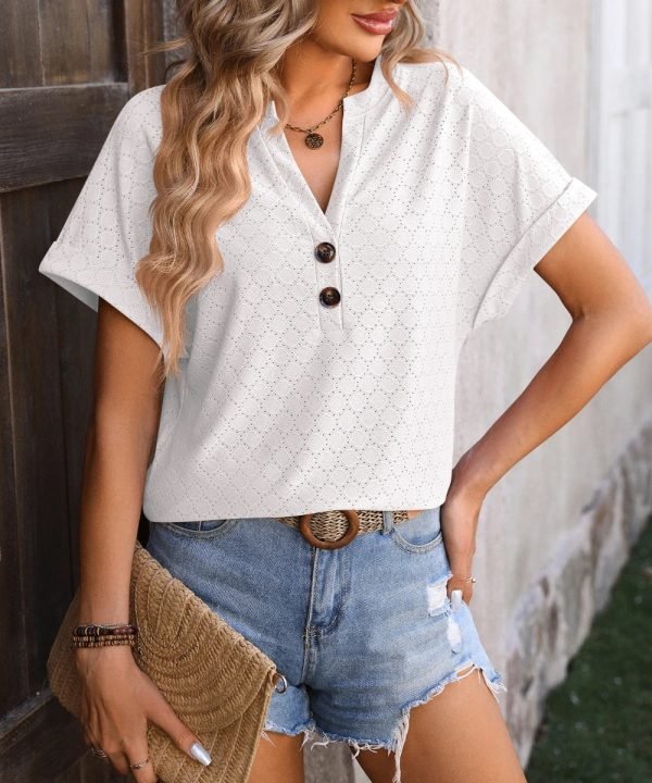 White-01_ebb8597f-476a-48c9-8001-47f421959ddb.jpg Women V Neck Button Up Casual Eyelet Short Sleeve T-Shirt Summer Top/1-1-1-1-1