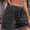 de1dc9a298694098e1c39bde40b0a1e2-1 Women's Denim Shorts Frayed Raw Hem Ruffle Drawstring High Waist with Pockects