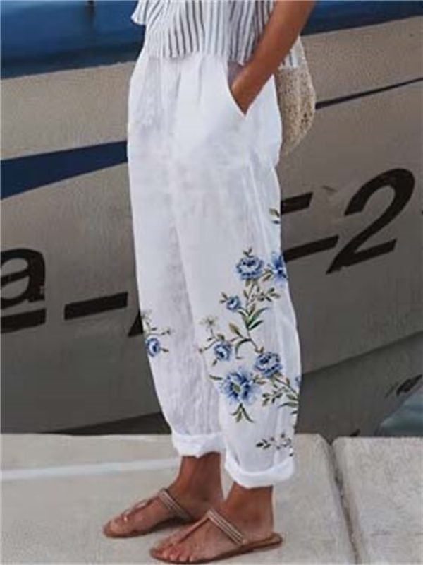 Women's Wide Leg Pants Trousers Faux Linen White Light Green Pink Casual Holiday Weekend Side Pockets Full Length Comfort Floral S M L XL XXL