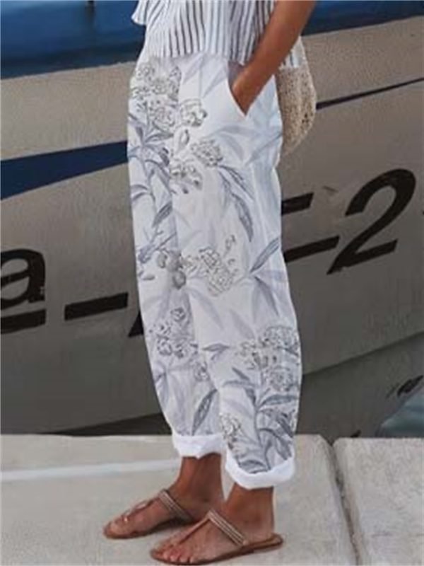Women's Pants Trousers Faux Linen White Green Gray Casual Holiday Weekend Side Pockets Full Length Comfort Floral S M L XL XXL