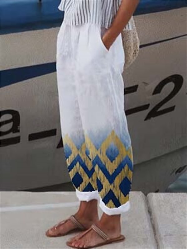 Women's Pants Trousers Faux Linen Black White Yellow Fashion Casual Weekend Side Pockets Full Length Comfort Geometric S M L XL XXL