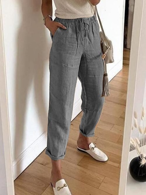 Casual Polyester Cotton Plain Pants