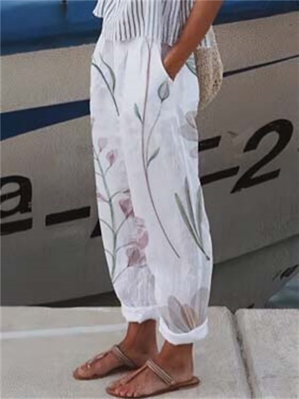 Women's Pants Trousers Faux Linen White Green Gray Casual Holiday Weekend Side Pockets Full Length Comfort Floral S M L XL XXL